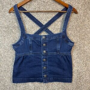 American Eagle Womens Medium Denim Button Front Cami Top Cross Back Dark Wash